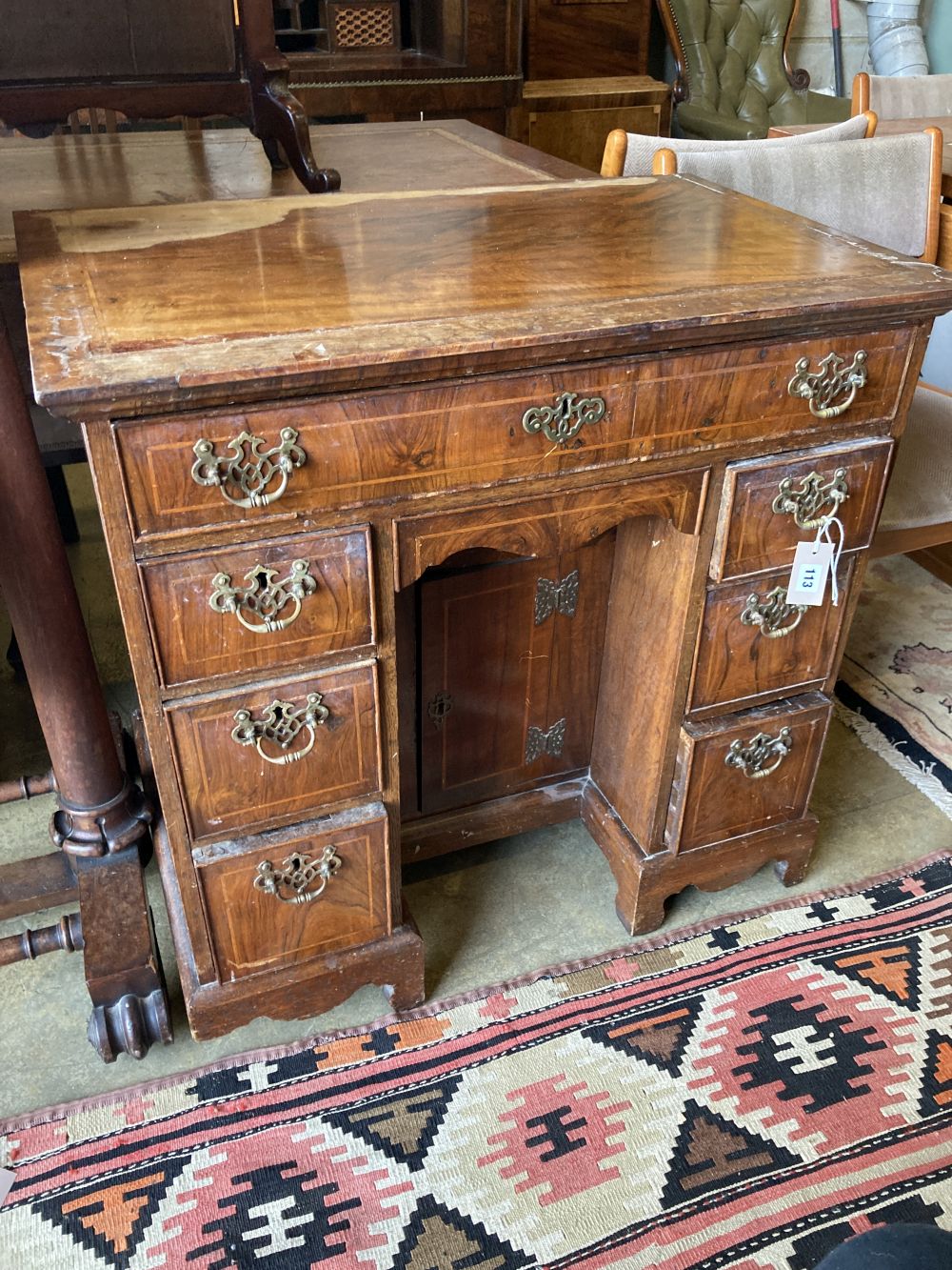 An 18th century and later inlaid walnut kneehole desk, width 80cm, depth 51cm, height 78cm